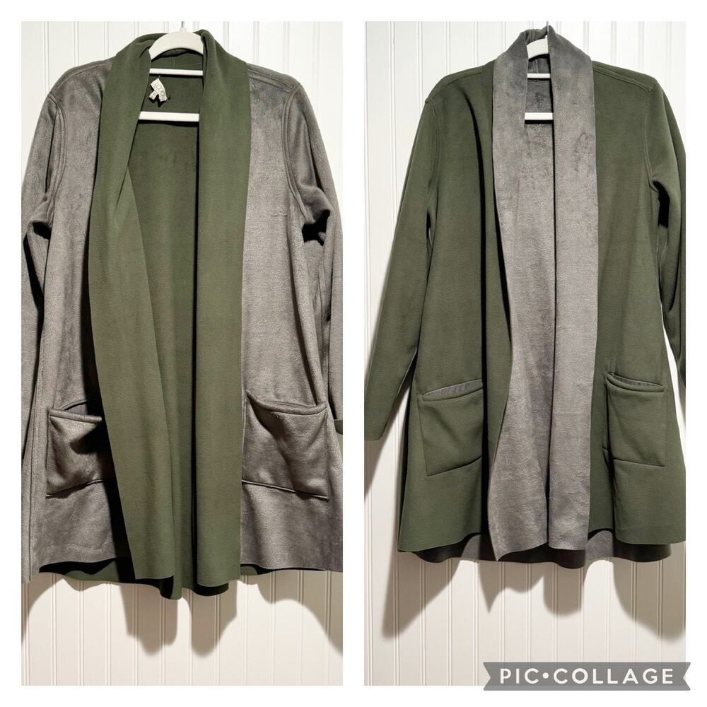 LOGO Lori Goldstein Reversible Brushed Fleece Jacket Green Gray Size Small
